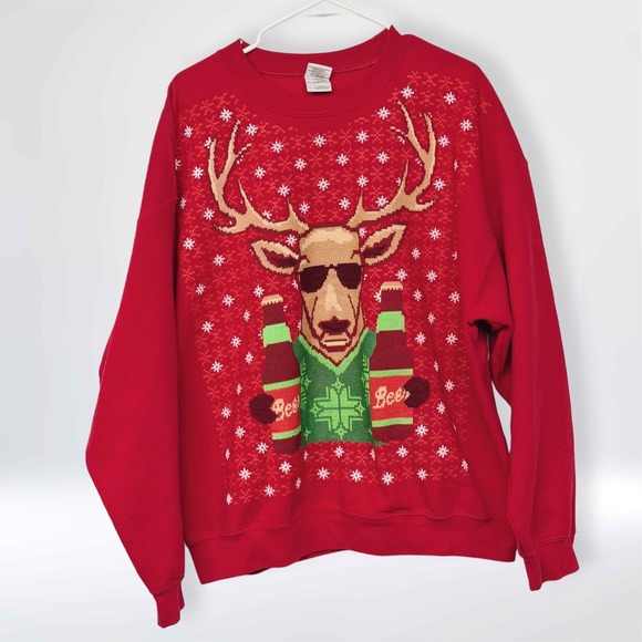 Red Deer Sunglasses Beer Ugly Christmas Sweater  Mens XL - Picture 3 of 9